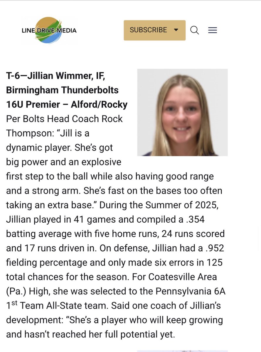 jillianwimmer04's tweet photo. Thank you @LineDsoftball for ranking me #6 among so many talented athletes in the class of 2027! #boltsboom #tigermentality @BhamBolts2027 https://t.co/iIsicyHXNN