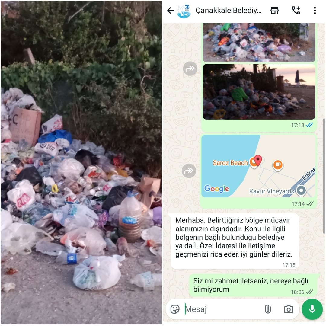 Güzelim Saros körfezi'nde bu noktayı çöp dağına çevirmişler. , <a href="/ckalebelediye/">Çanakkale Belediyesi</a> mesaj atıyorum, "mücavir alanımız dışında" diyerek ilgilenmiyorlar. Daha önce zabıta bile gelmiş ilgilenmemiş. Doğayı böyle mi koruyorsunuz sayın yetkililer?