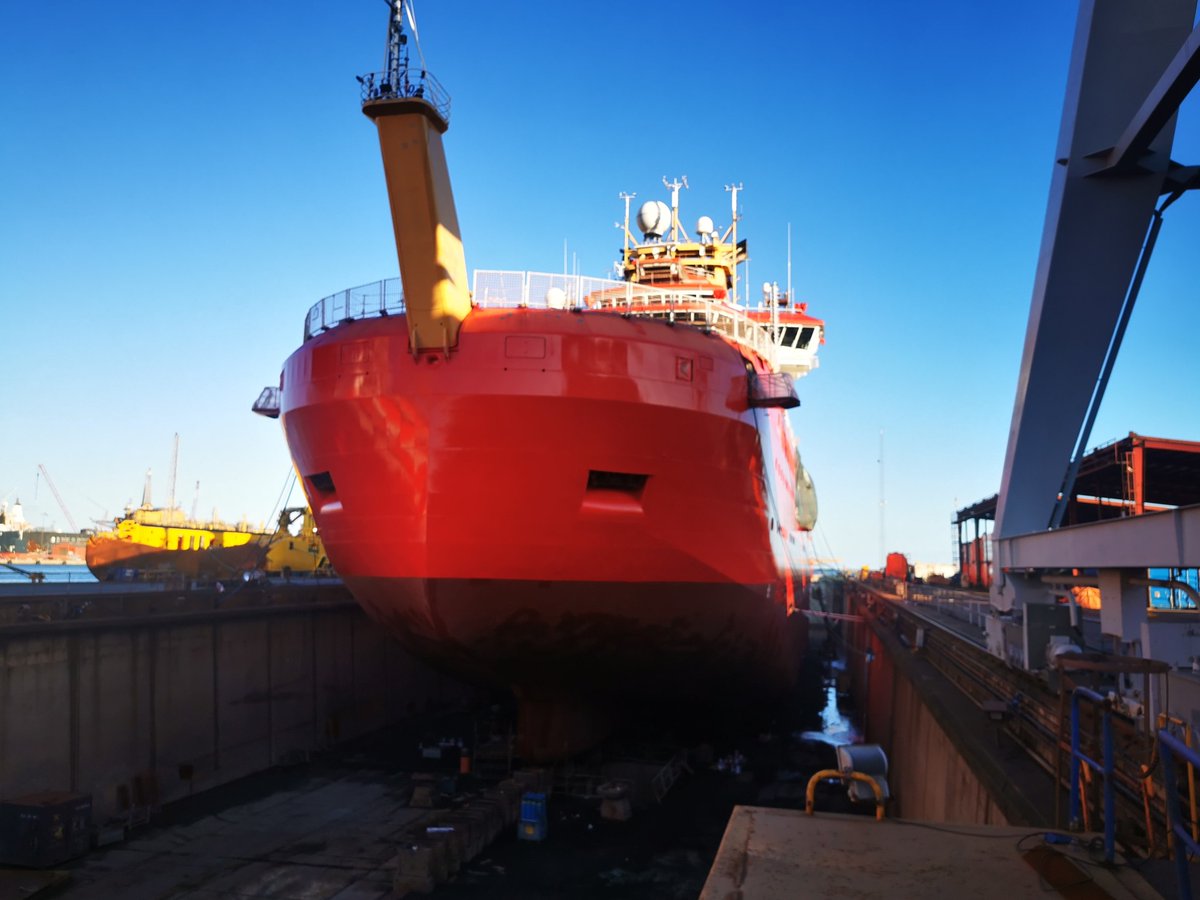 The RRS Sir David Attenborough receives a fresh coat of paint during the annual maintenance period (refit). Pic by Richard Turner,  Purser