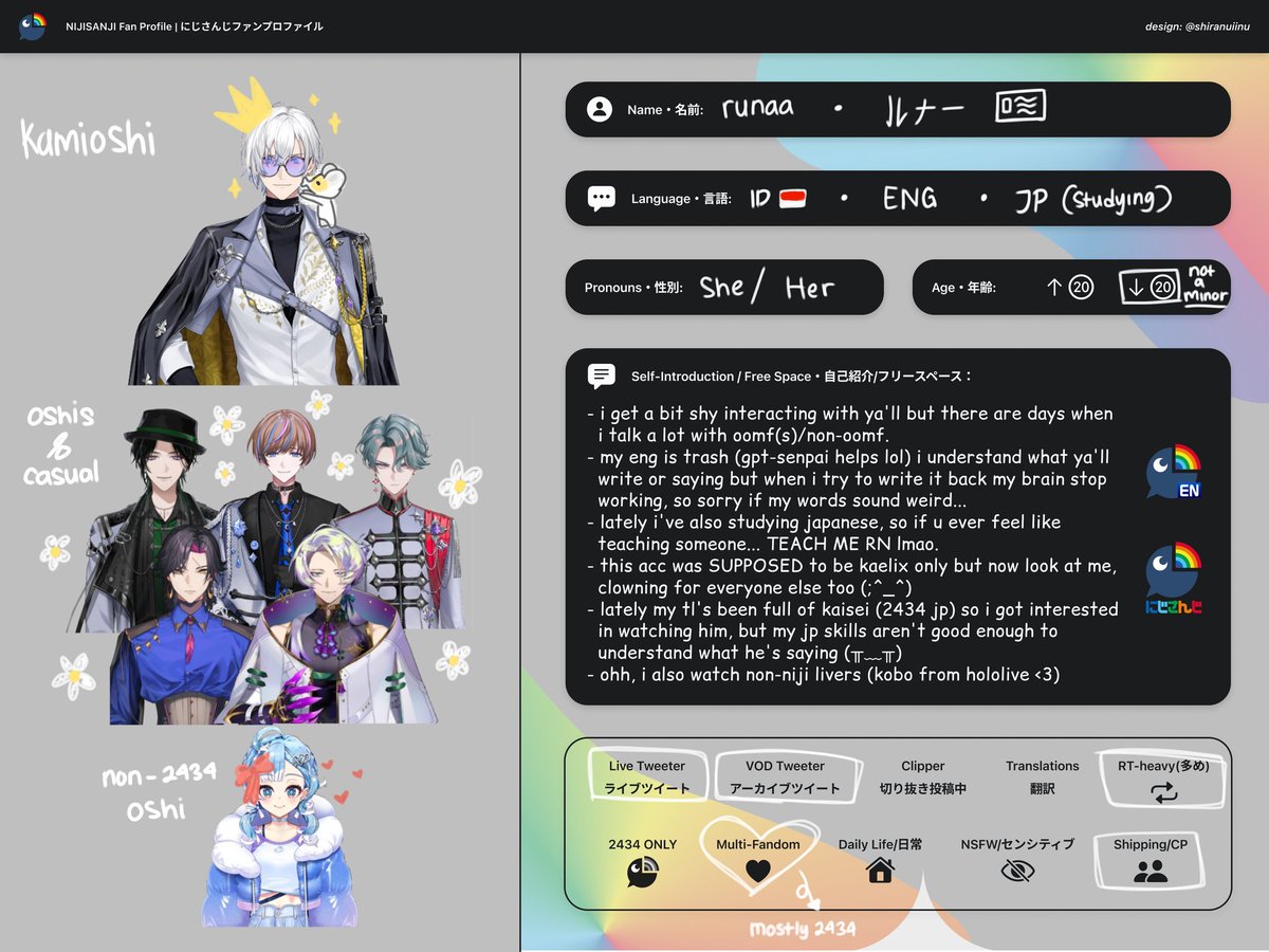 runaaaa_ruu's tweet image. here&apos;s the new one‼️ I NEED MORE MUTUALS TO YAP WITH ME, so let&apos;s be moots🤝🏻 (+draw sometimes)

#nijiintro #nijitwt