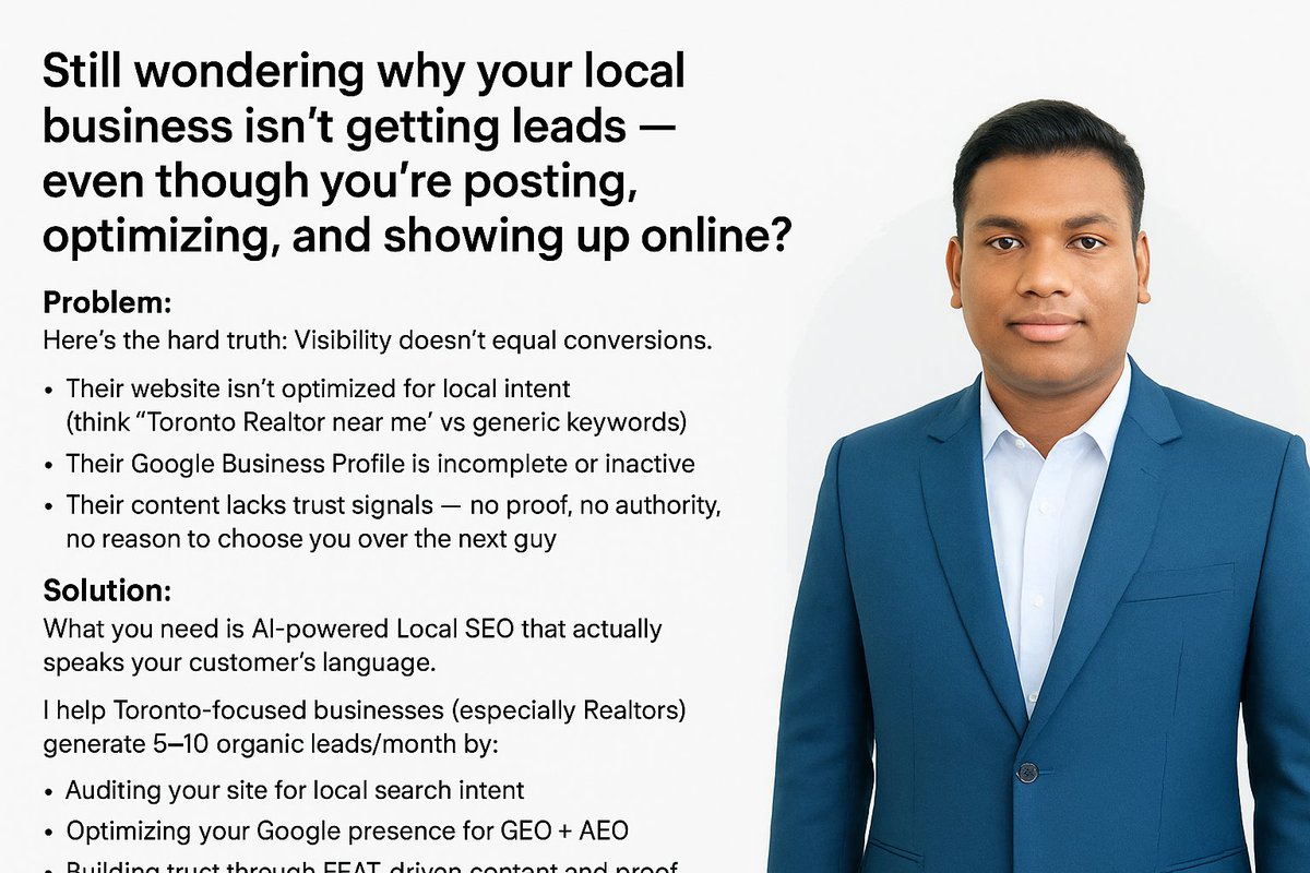 Still not getting leads?  
Your local biz might be missing:  
– Local search intent  
– Google optimization  
– Trust signals

I help Toronto businesses get 5–10 organic leads/month using AI-powered SEO.  
DM “LEADS” for a free checklist.  

#LocalSEO #LeadGen #TorontoRealEstate