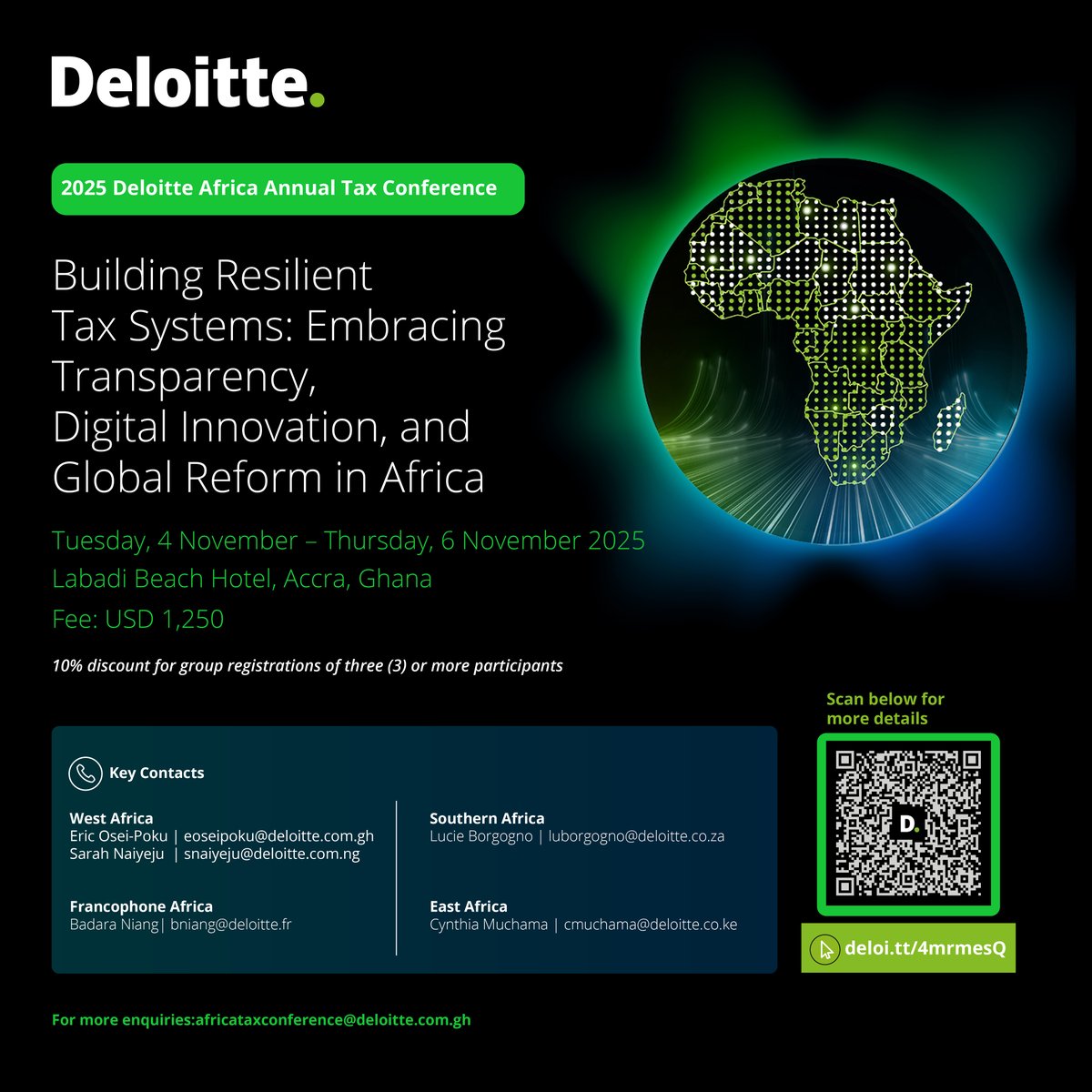Join us in Ghana, from 4-6 November, for the second edition of the 2025 Deloitte Africa Annual Tax Conference to discover the latest tax trends across Africa.

Secure your spot now: delo.tt/6015ADubc
➖ 
#DeloitteTaxConference2025 #DeloitteAcademyWA #DAfricaTaxConference