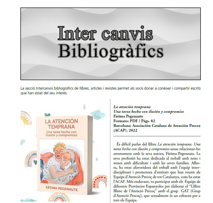Intercanvis_'s tweet photo. DESGRANEM (III) el número 54. A la secció d'Intercanvis bibliogràfics trobem la presentació, a càrrec de Remei Tarragó, de "La atención temprana. Una tarea hecha con ilusión y compromis" de Fátima Pegenaute, juntament...👇👇👇 https://t.co/1XJG0BewZM