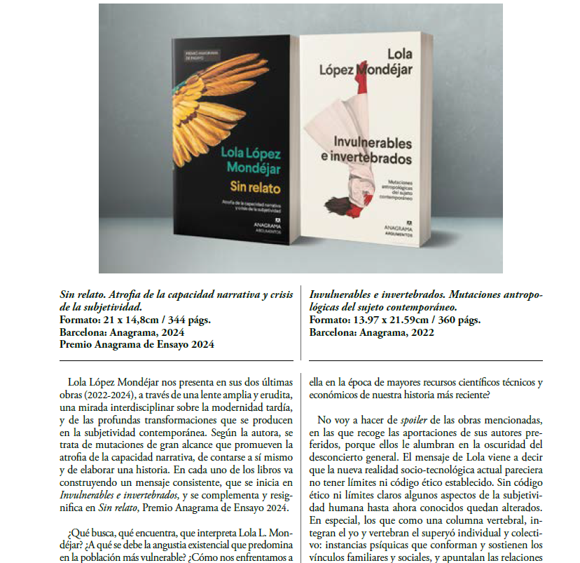Intercanvis_'s tweet photo. amb la presentació, per part de Regina Bayo, de les obres "Sin relato. Atrofia de la capacidad narrativa y crisis de la subjetividad" i "Invulnerables e invertebrados. Mutaciones antropológicas del sujeto contemporáneo" de Lola López Mondéjar. https://t.co/YK1RMUGR0e