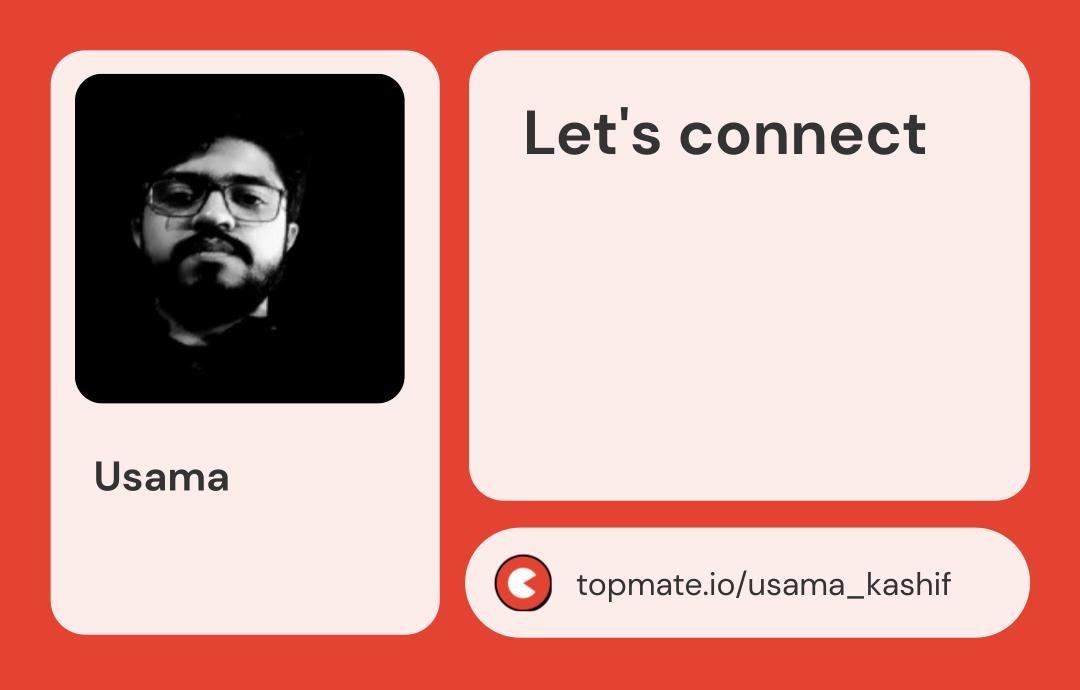 usama_codes's tweet image. I’m thrilled to announce the launch of my Topmate page!

This platform allows me to connect with you directly, offering guidance and support on your journey.

#Mentorship #GiveBackToCommunity #Topmate #SupportEachOther