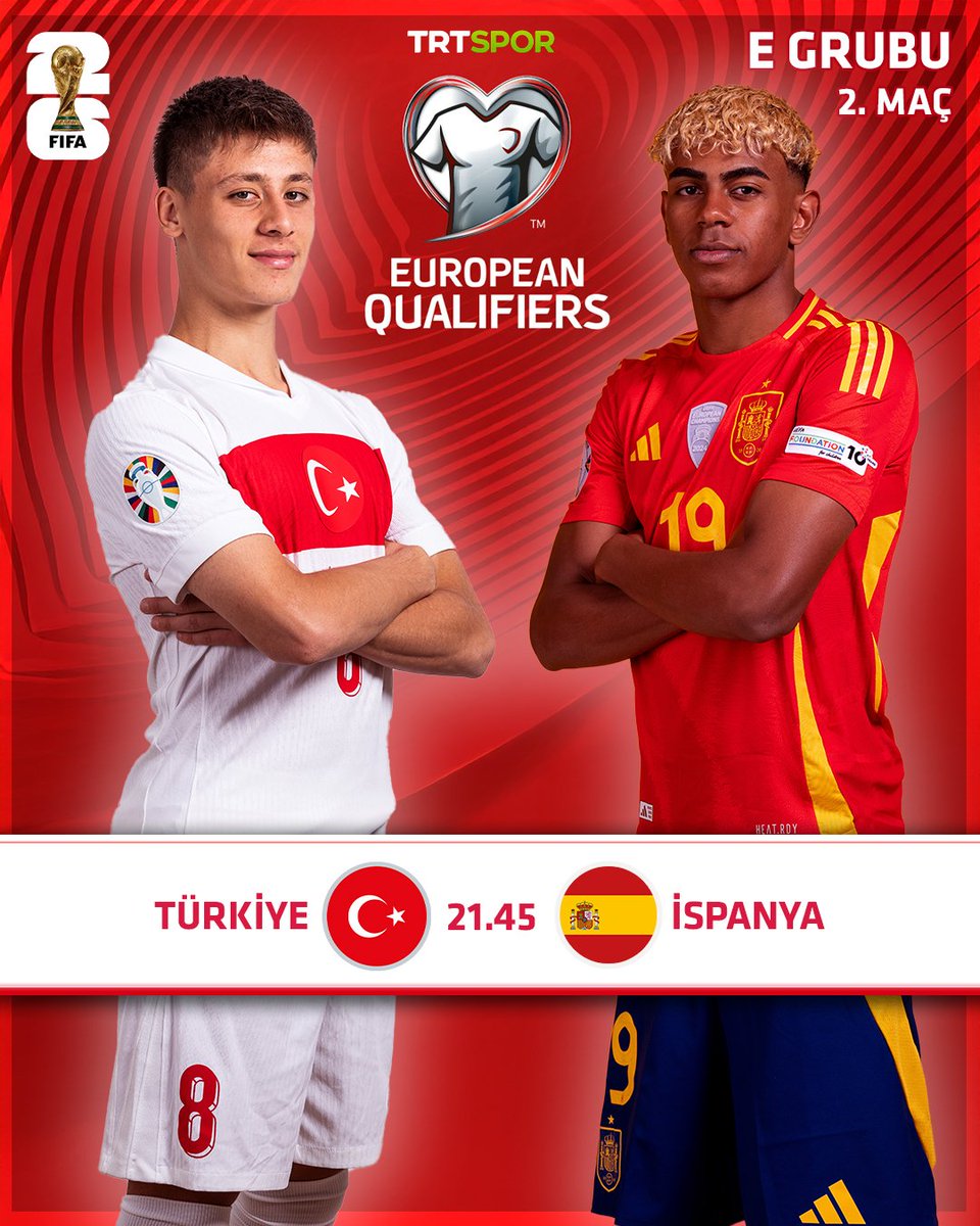 🛑 Bijartinên Kûpaya Cîhanê / 2026 Dünya Kupası Avrupa Elemeleri.

⚽ Türkiye &amp; Îspanya
📅 Îşev / Bu akşam
⏰ 21.45
🏟️ Qada MEDAŞê ya Konya'yê