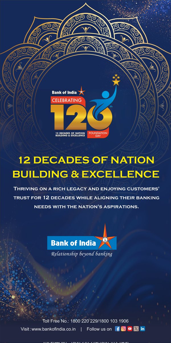 Bank of India 🌟 - 120th foundation day🌟 
 With a rich legacy spanning over a century, Bank of India has consistently demonstrated its commitment to excellence, adapting to changing times while maintaining its core values 👏🌟

#BOI4NationSince1906
