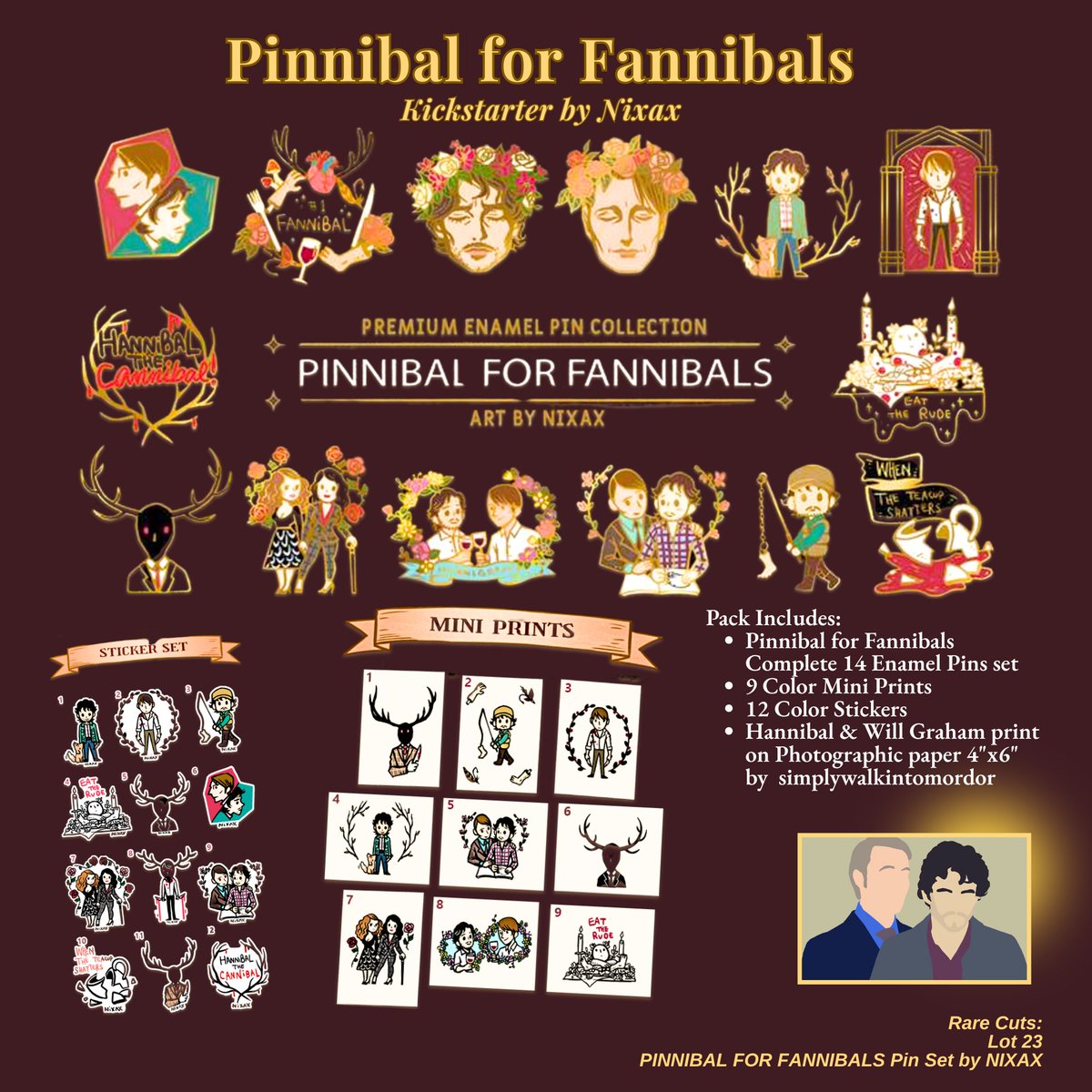 FannibalFest's tweet photo. 🩸🔪Rare Cuts Preview🔪🩸

Lot 3: RAW–Hannibal/Will Fanthology📖200+ pgs of fic &amp; art + Love Crime tee, ACHE fanzine, &amp; more!

Lot 23: Pinnibal for Fannibals🦌Full enamel pin set, mini prints, stickers &amp; more!

Auction Sept 14!
#RareCuts #RareCutsAuction #Hannibal10 #SaveHannibal https://t.co/d9t7qPqFf0