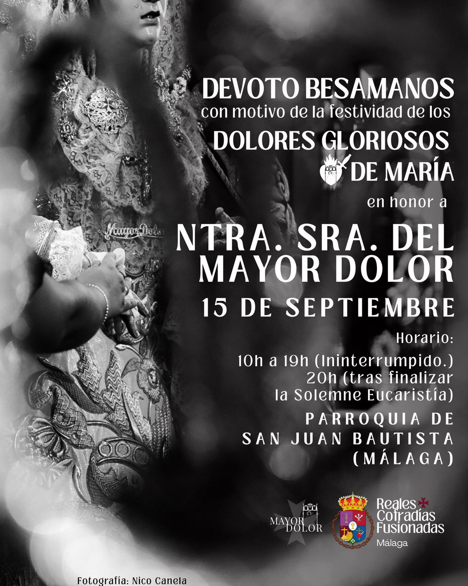 💙 Besamanos en honor a Ntra Sra del Mayor Dolor, con motivo de la festividad de los Dolores Gloriosos de María

🗓 15 de septiembre: De 10h a 19h. Se retomará al finalizar la Solemne Eucaristía.

📸 Nico Canela

#CofradiasMLG