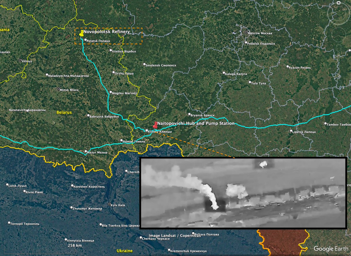 Ukrainian drone forces successfully struck the important hub and pump station near Naitopovichi, Bryansk region, in Russia. It is a sidelink pipeline respectively going parallely to the Druzhba pipeline. This pipeline is vital for transferring oil products from the Novopolotsk