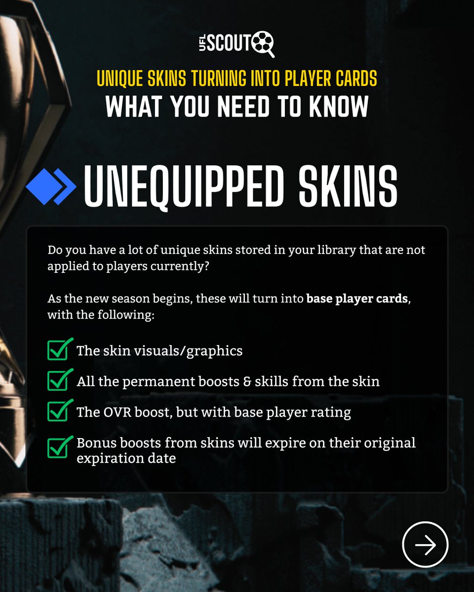 uflscoutcom's tweet photo. 👉 Let's clear this up - this is what happens with unique skins on Friday.

Remember that you can view permanent and bonus boosts at UFL Scout via the yellow and green indicators. 

#uflscout #uflgame https://t.co/dicaUaQmzd