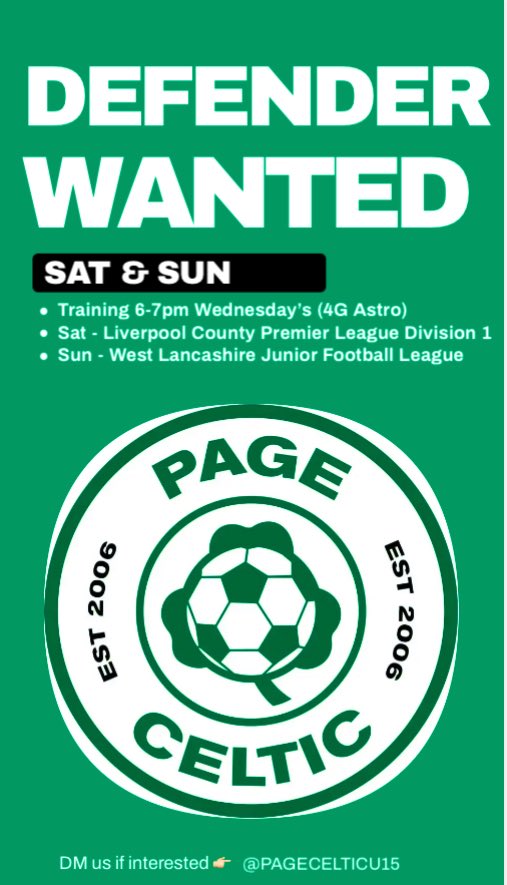 Page Celtic U14 βοΈ (@pagecelticu14) on Twitter photo π¨Defender Wantedπ¨
We are still on the lookout for a defender to add to our existing squad. In two strong leagues on Sat & Sun. Great set of players and parents.
DM us if interested.
<a href="/LCPL2012/">Liverpool CPL</a> <a href="/Liverpool_CFA/">Liverpool FA</a> please RT ππ»
#UpTheCelts β½οΈβοΈ π¨Defender Wantedπ¨
We are still on the lookout for a defender to add to our existing squad. In two strong leagues on Sat & Sun. Great set of players and parents.
DM us if interested.
<a href="/LCPL2012/">Liverpool CPL</a> <a href="/Liverpool_CFA/">Liverpool FA</a> please RT ππ»
#UpTheCelts β½οΈβοΈ