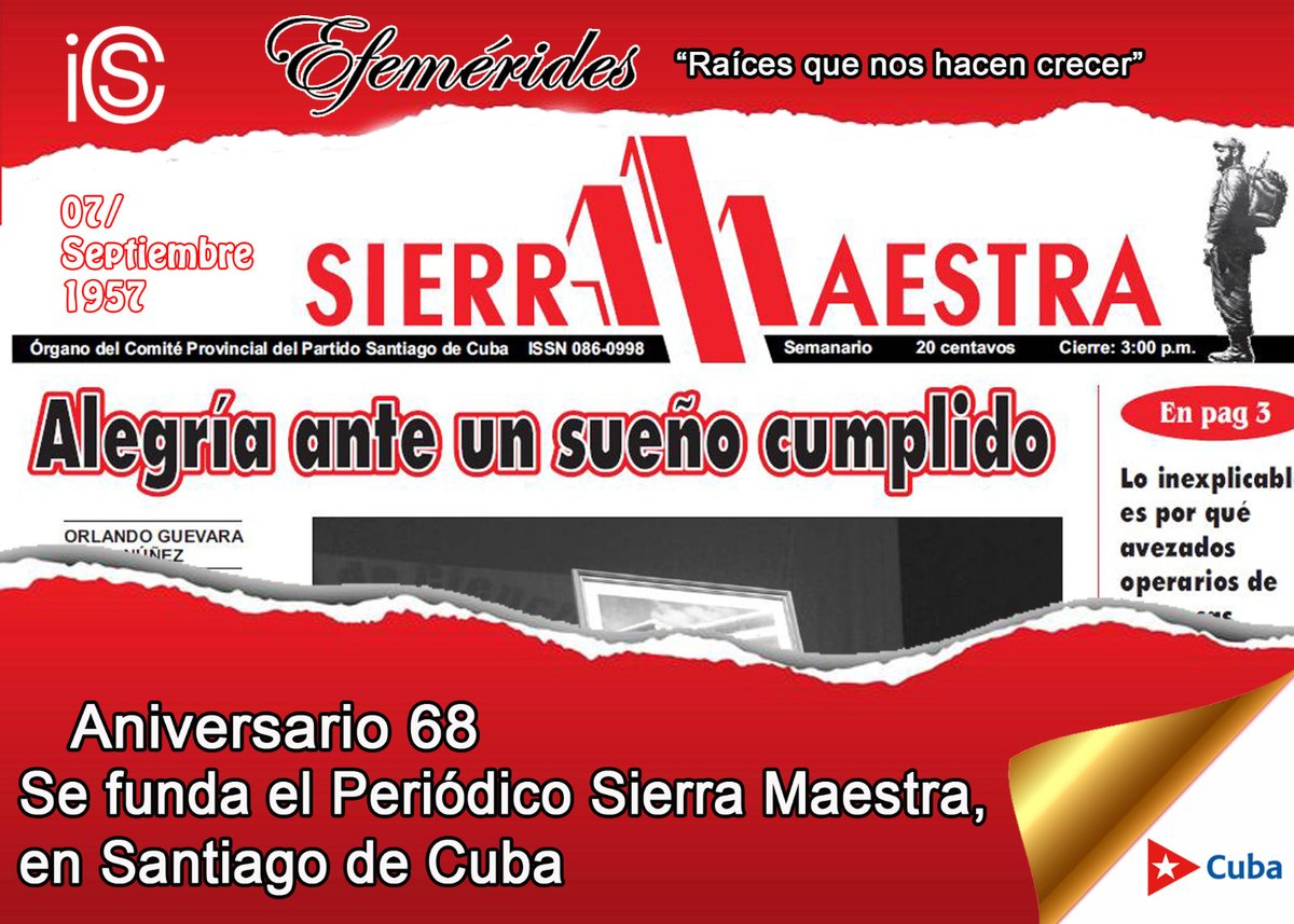 📰Hace 68 años se fundó el periódico Sierra Maestra, ante la creciente desinformación de los medios oficiales del régimen de Fulgencio Batista, y como alternativa del Movimiento 26 de Julio para llegar con la verdad al pueblo cubano.

🎊MUCHAS FELICIDADES.