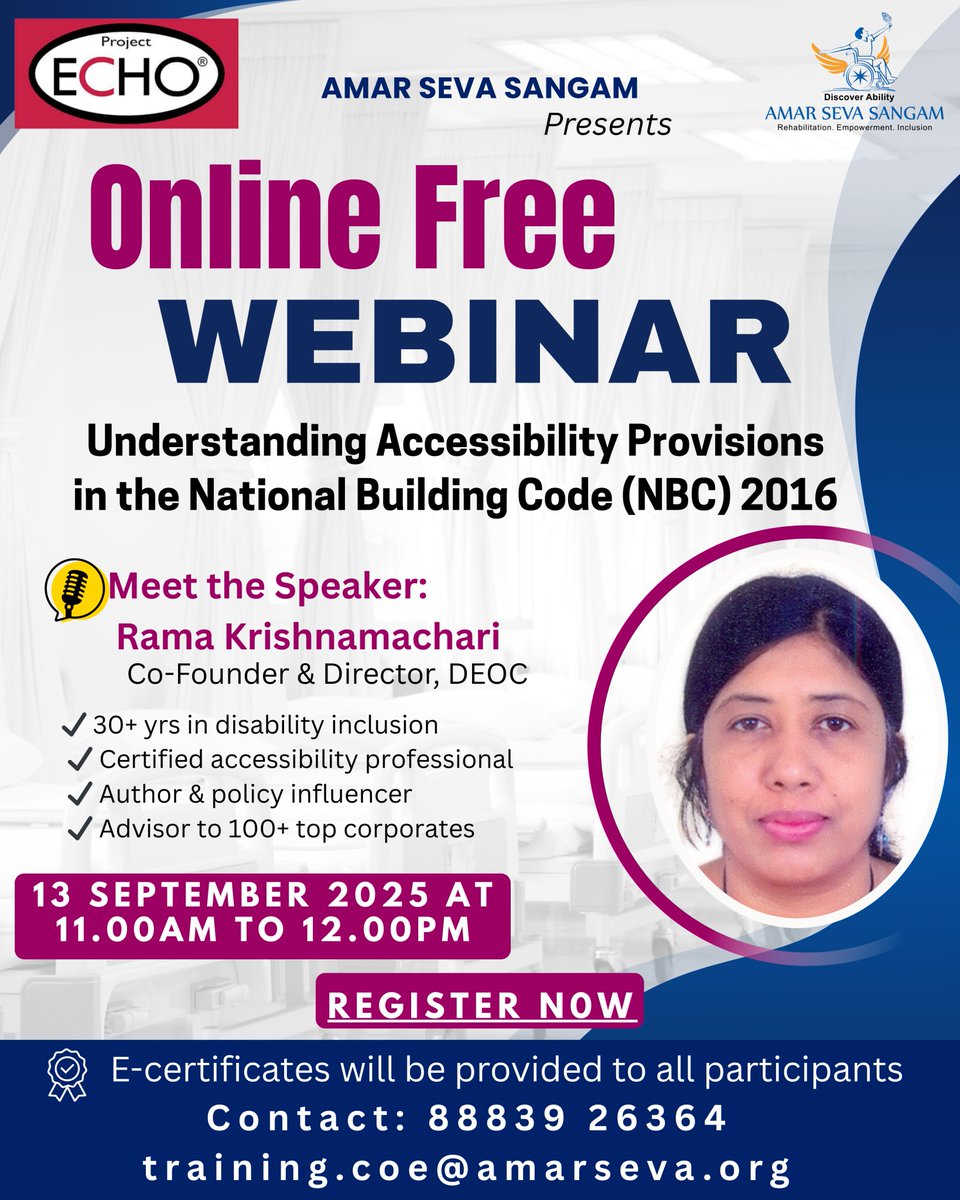 amarseva's tweet photo. 🌍 Webinar Alert! 📷 📷 Sept 13, 2025 | 📷 11 AM IST Join Amar Seva Sangam &amp; Rama Krishnamachari for insights on inclusive design &amp; equal access. 📷https://t.co/xg8gAiUIJL 
#NBC2016 #Accessibility #Inclusion https://t.co/bTvHsm2zeb