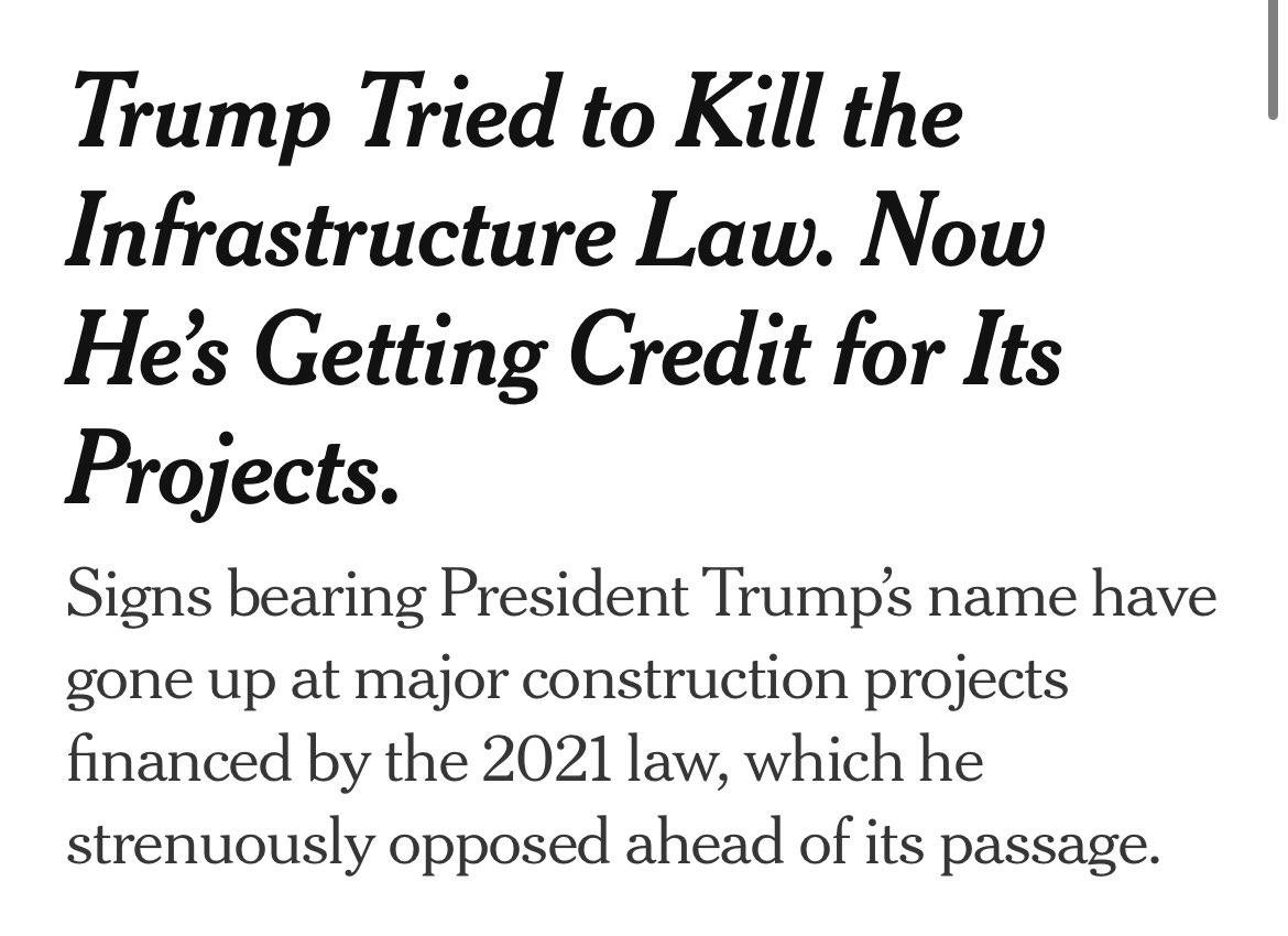Biden pushed and signed into law a massive bill to fund infrastructure.

Trump opposed it.

Now Trump’s name is on signs at sites where those projects are being built.

The name of the bill is in small font.

Amtrak said they are simply updating old signs. 

Story via NYT