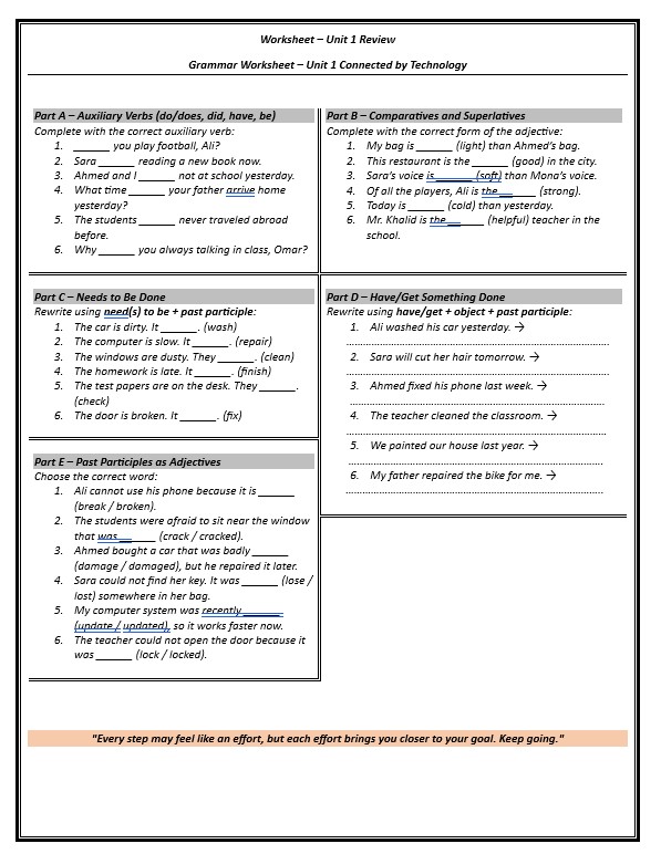 azizmoheelmo's tweet photo. ورقة عمل – Mega Goal 2 Unit 1 (Grammar)
تدريبات شاملة من السهل إلى الصعب: الأفعال المساعدة، المقارنة والتفضيل، الصيغ المبنية للمجهول (needs to be done)، have/get something done، والصفات المشتقة من التصريف الثالث.
https://t.co/31NUCsBRjp

#تعليم #اللغة_الإنجليزية #MegaGoal2 https://t.co/xiegYDdwbx