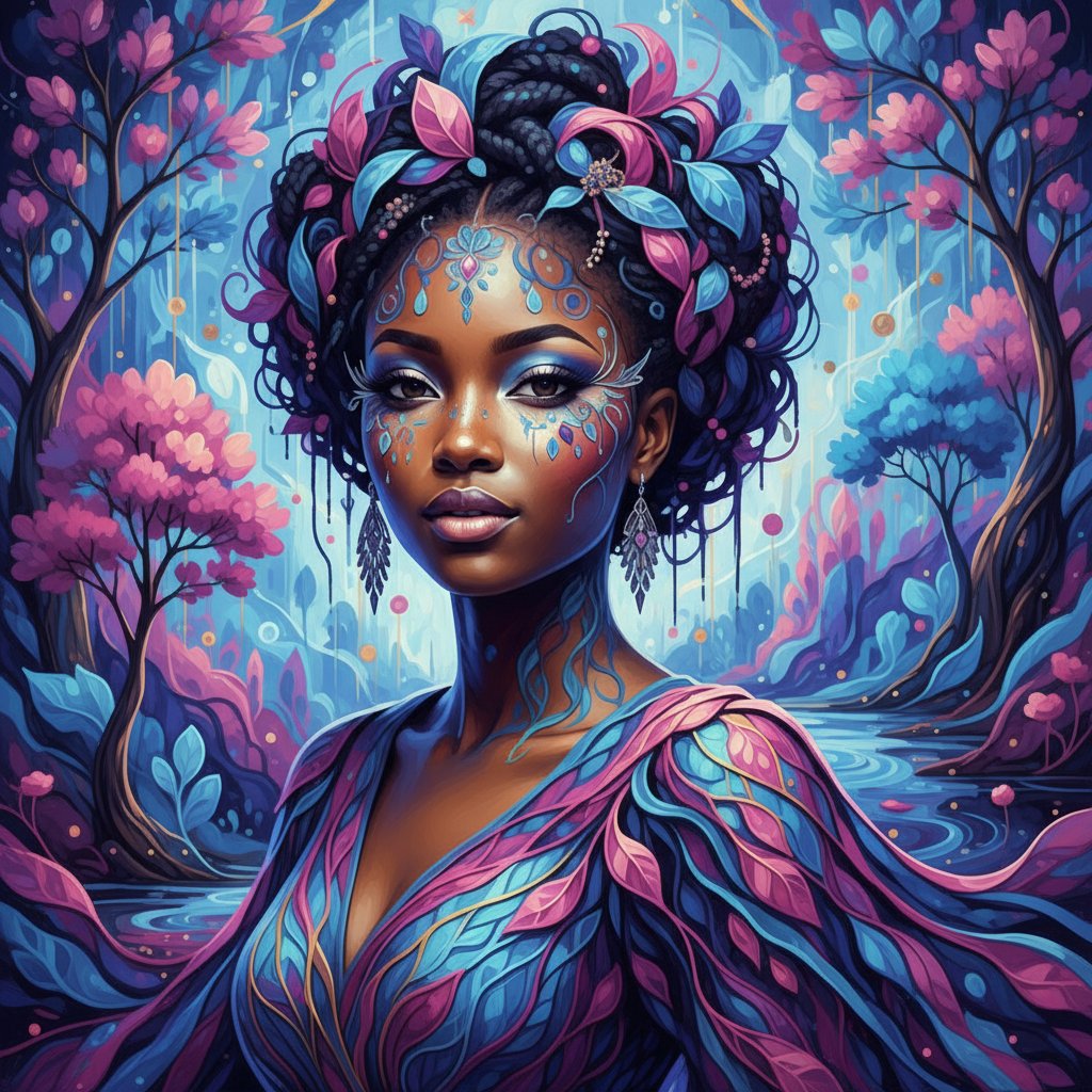 kuwiarts's tweet photo. An intricate artistic portrait of a fashion-forward African girl, covered with shades of blue and magenta, celebrating natural beauty.

AI meets Art. Creativity has no limits. 🌍🎨
#AdobeFirefly #AIart #AfricanBeauty #DigitalArt #kuwiarts @Adobe @creativecloud https://t.co/E3KjZRyioO