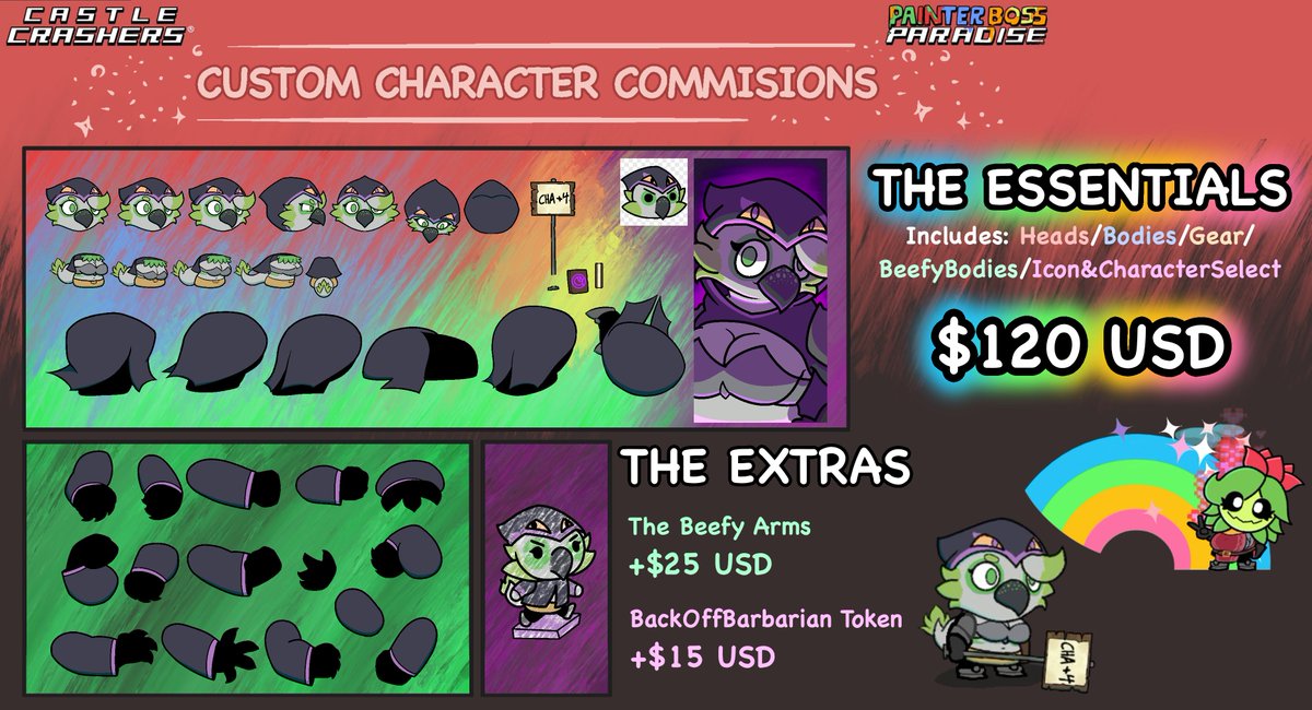 Taking c0mm slots for FvF Cards and Custom CastleCrashers Characters. If you are interested please see the sheets below and fill out the respective form!

FvF Card Form:
forms.gle/LhMGK3YdHu6CZJ…

Custom CastleCrashers Characters Form:
tinyurl.com/VuCCCCC