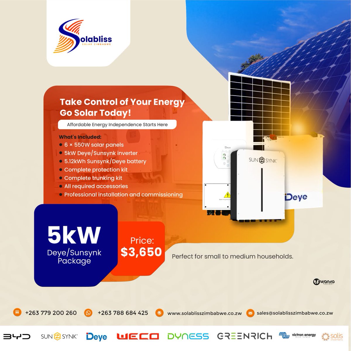 Tinsley_Ks's tweet photo. For those who value quality over short time solutions, we have you covered. We do solar system installations from residential, commercial, and industrial use. 

We associate ourselves with premium products that give you peace of mind. With Deye,Sunsynk, Victron, Solis, Greenrich, and Dyness, rest assured that quality is guaranteed. 

Enjoy long warranty covers,up to 98.7% efficiency rate, remote monitoring supported, net metering, reliable customer, and after sale support. 

For more information, call/WhatsApp: 
+263788684425/+263779200260
Email: sales@solablisszimbabwe.co.zw 
Website: https://t.co/qBBAwq56Zo