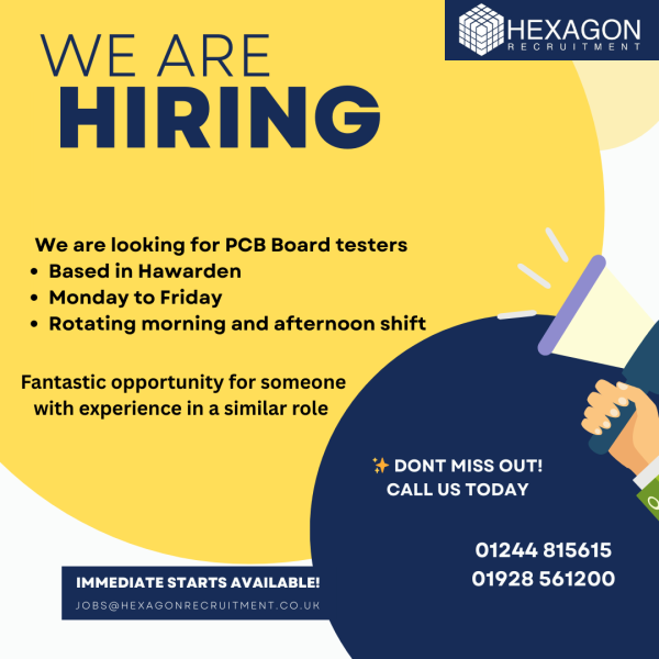 Looking for a PCB Board Tester in Hawarden! If you're passionate about precision tech and love hands-on work, we've got an opportunity you might be interested in.