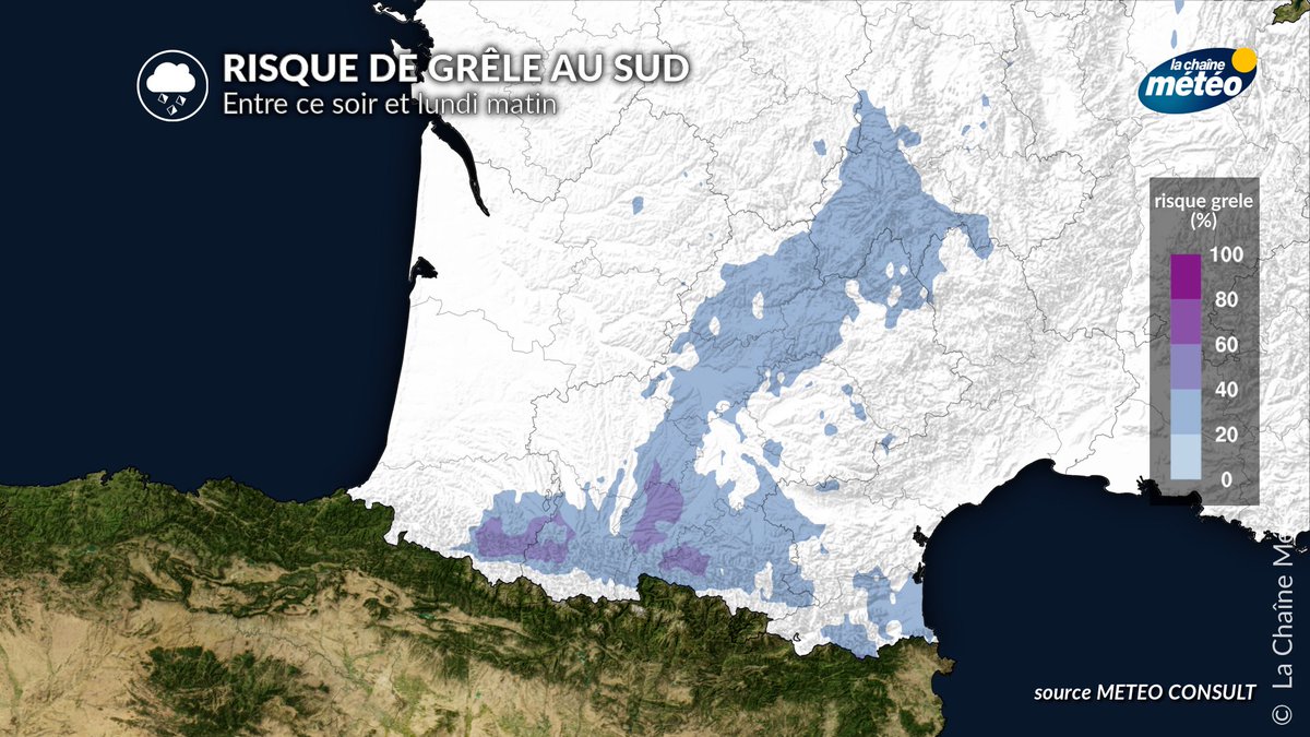 lachainemeteo's tweet image. ⚠️🌩️Prudence ce soir et cette nuit : des #orages remontent des #Pyrénées au #Massifcentral jusqu'en #FrancheComté lundi matin. Ces orages peuvent s'accompagner d'un risque de #grêle, principalement  près des #Pyrénées ce soir.
