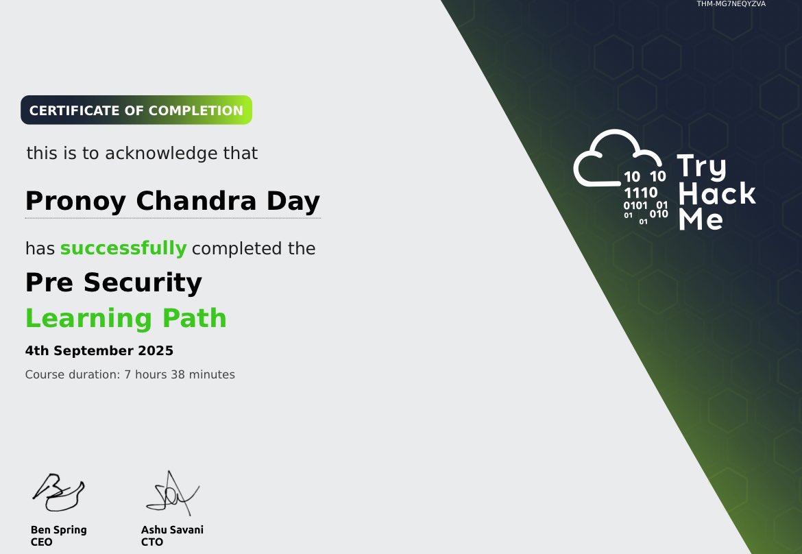 DayPronoy's tweet photo. 🎯 Just completed the Pre-Security Path on @tryhackme  Covered networking, Linux, cybersecurity basics &amp; more 🔐
🔜 Moving on to more advanced paths!
#CyberSecurity #TryHackMe #InfoSec #HackerMindset #LearningJourney #Linux #NetworkingBasics https://t.co/yYZImHthY8