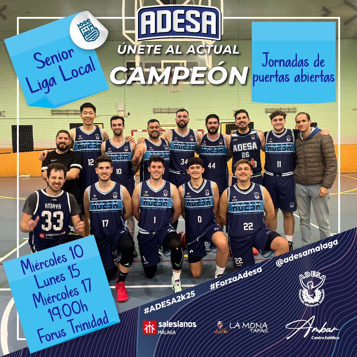¿Quieres pertenecer a un equipo campeón? Nuestro Sénior Masculino, actual campeón de la #LigaLocal de <a href="/deportemalaga/">Área de Deporte</a>, te invita a sus entrenamientos.

Lunes y Miércoles a partir de las 19:00h en el Pabellón Forus Trinidad.

#ADESA2k25 #ForzaAdesa #ProtagonistasDeLaHistoria