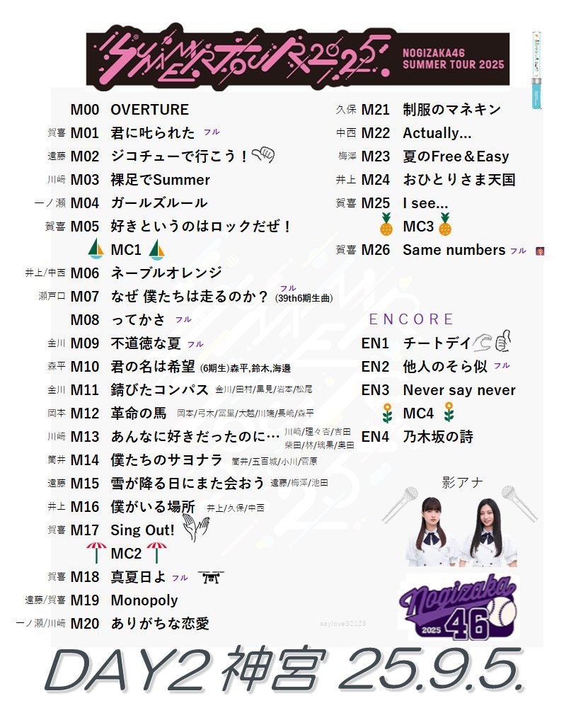 saki_nagi_itoha's tweet photo. 乃木坂46
神宮のセトリ
 #乃木坂全国ツアー
 #乃木坂46真夏の全国ツアー2025神宮 
 #乃木坂46真夏の全国ツアー2025 https://t.co/VCTv4dVcPr