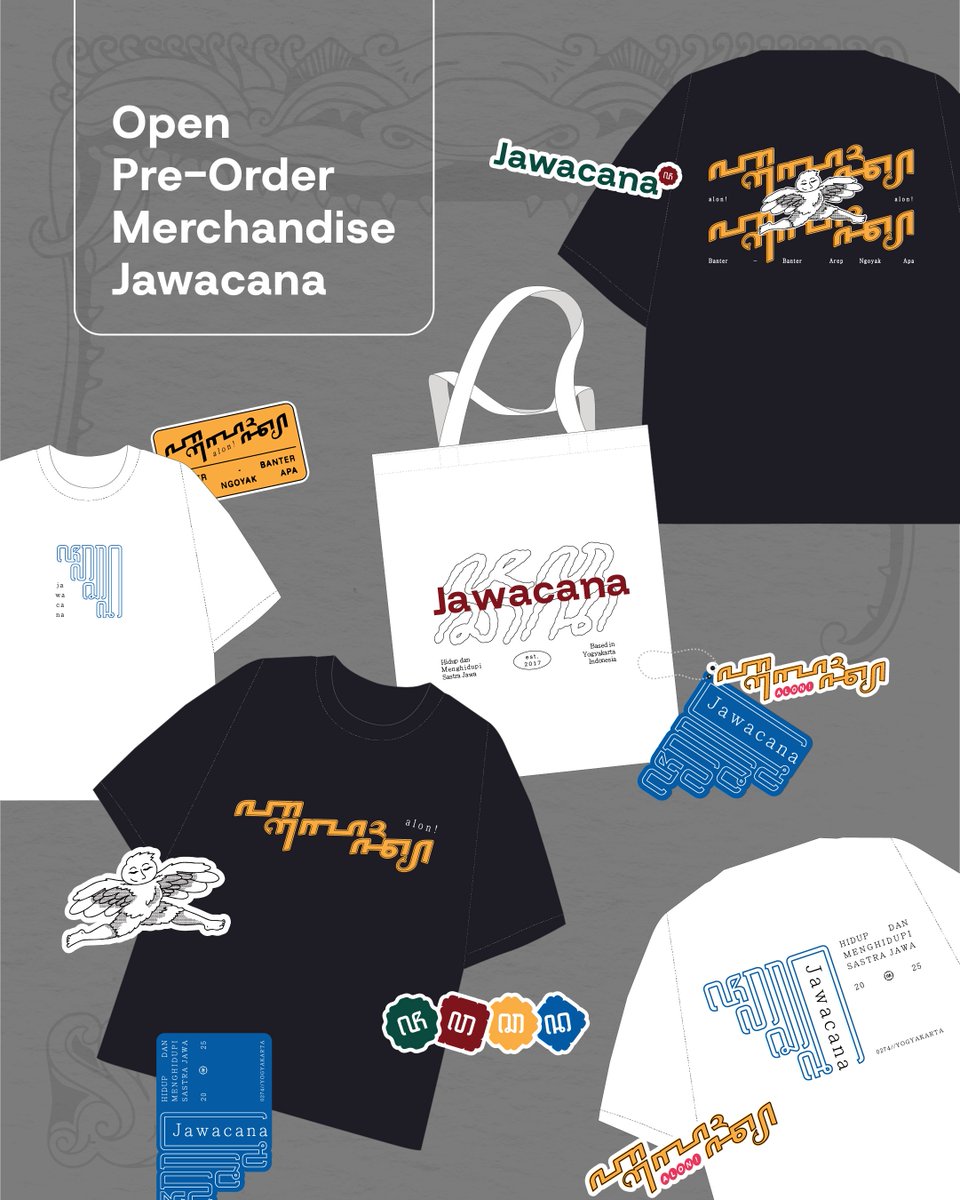 Pemesanan Merchandise Ekslusif Jawacana, dibuka! Hubungi nomor tertera dan pesan segera. 🙌🏻✍🏻

*Seluruh keuntungan akan diperuntukan bagi Kelas Hanacaraka gratis dan kegiatan-kegiatan Jawacana. Matur nuwun sudah selalu mendukung kami. 🫱🏻‍🫲🏼✊🏻

Informasi: 082226908225 (Eka)