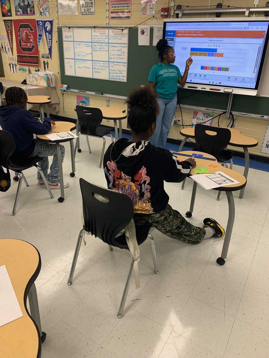 TeachMsB23's tweet photo. Hands-on math practice today! We used fraction strips to make equivalent fractions greater than 1—building understanding you can see 👀✨ #MathMadeVisible @WAPerryMS https://t.co/rmyS1pnrUR