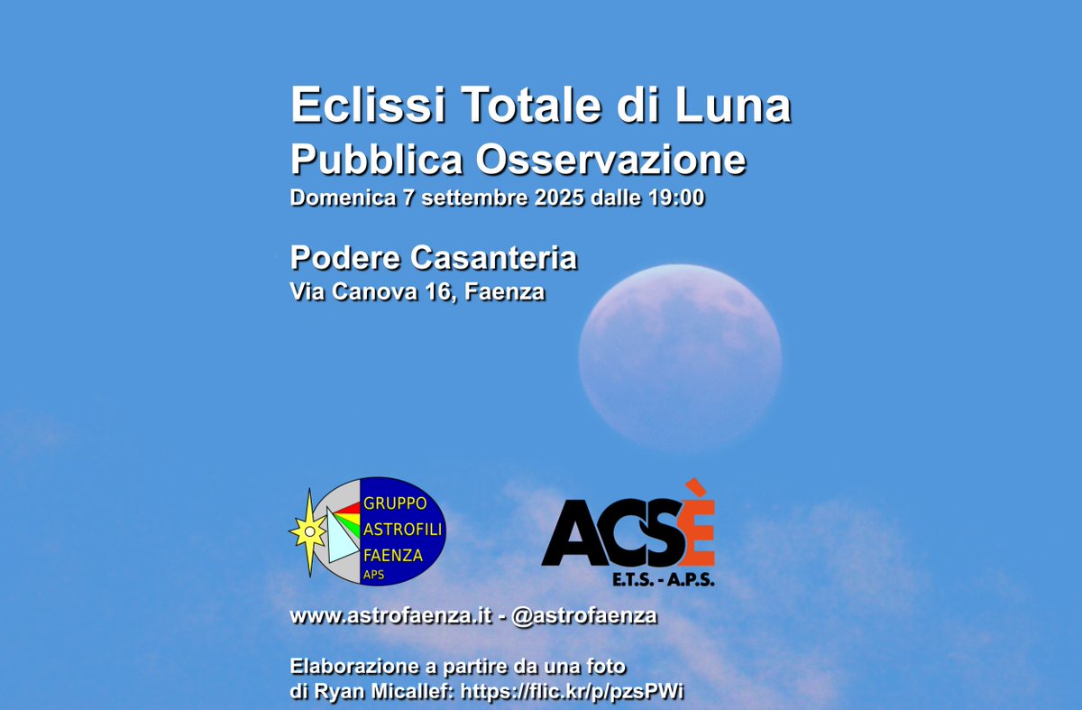 Stasera, domenica 7 settembre, dalle 19 guarderemo l'#eclissi totale di #Luna dal Podere Casanteria (via Canova 16 #Faenza, tra Cosina e Pieve Corleto) con i nostri #telescopi e #binocoli

Ingresso libero e #gratis, non mancare!
Info: mobilizon.it/events/bc58bdf…

#astronomia #eventi