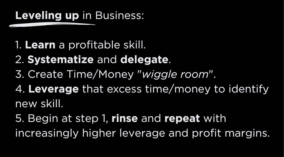 Here's the roadmap for continued progress in business:

1. Learn a profitable skill.
2. Systematize and delegate.
3. Create Time/Money "wiggle room".
4. Leverage that excess time/money to identify new skill.
5. Begin at step 1, rinse and repeat with increasingly higher leverage.