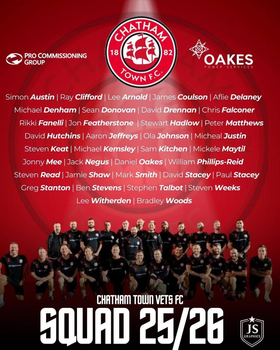 ChatsCommunity's tweet image. Introducing our Chatham Town Vets squad for the 2025/26 campaign. 👊

🔴⚪️⚫️ #UpTheChats