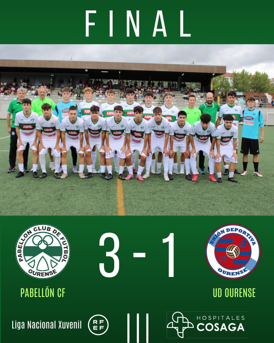 pabelloncf's tweet photo. 𝐗𝐔𝐕𝐄𝐍𝐈𝐋 𝐀 | ⏱️ 90’ | 🔚 FINAL
🏆 Liga Nacional Xuvenil
👉 O branquiverdes leváronse o derbi a base de efectividade nun partido que xa tiñan a favor no descanso (2-0)
⚽️ Melguizo, Lucas e Samuel Ferraz
#forzapabe #adnpabe #SomosPabe #futbolbase #futbol https://t.co/ltIUZRbsJX