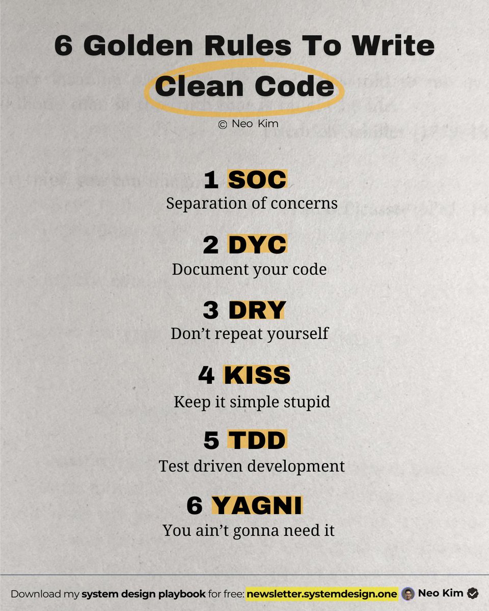 systemdesignone's tweet image. If you want to write clean code, learn these 6 rules: