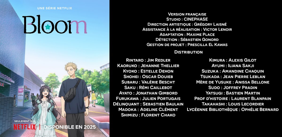 BastienDrucker's tweet photo. Carton de doublage complet de l'animé "Bloom" sur Netflix dirigé par @GregLaisne 

Avec Jim Redler et @JehanneThellier dans les rôles principaux, @EstelleDEHON1, @AmandineChaquin, @LecordierLouis, @L_Blanpain et @PortugaisJulien https://t.co/0Xm67BmJwL