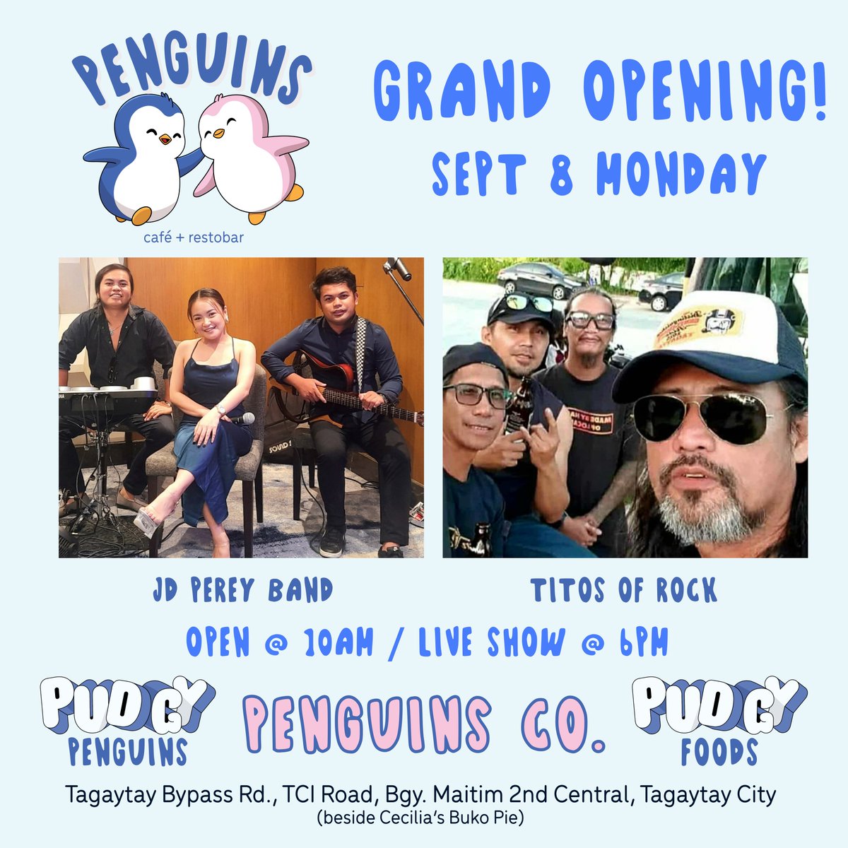 ☕️ Grand Opening of Penguins café + restobar in Tagaytay!

📍 PENGUINS CAFÉ + RESTOBAR
Tagaytay Bypass Rd., TCI Road, 
Brgy Maitim 2nd Central, Tagaytay City 
(beside Cecilia’s Buko Pie)
💌 penguinsdotco@gmail.com

Google Map: maps.app.goo.gl/qEdeHWcSbNnPGC…