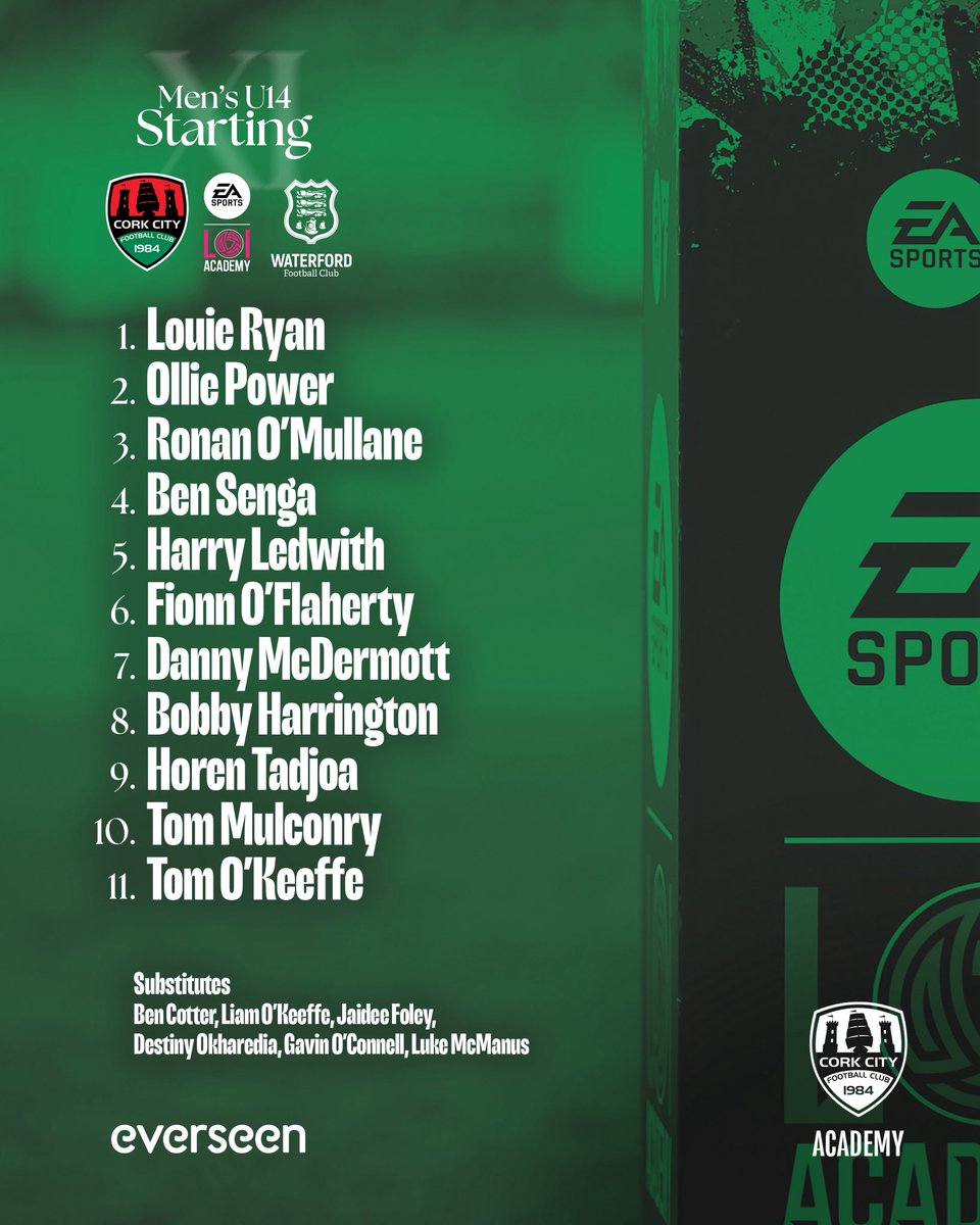 𝗠𝗨𝟭𝟰  📝

Here’s our lineup for this afternoons MU14 game against Waterford 👊🏼

#CCFCAcademy
