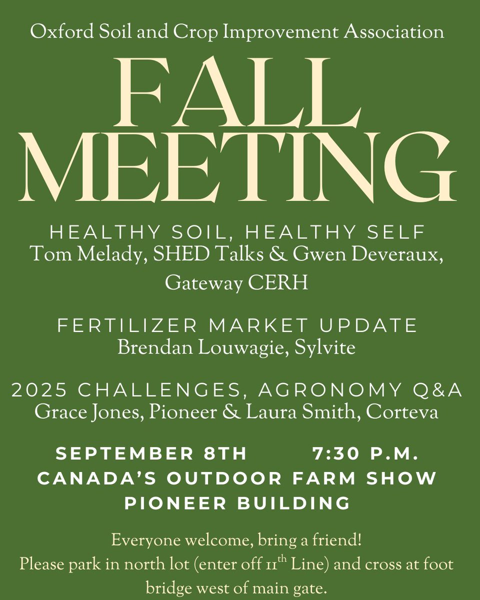 Join us at Oxford Soil. &amp; Crop’s fall meeting, September 8th at the Farm Show site. 
Slight venue change this year, we will be in the Pioneer building. 
<a href="/TVRSCIA/">Cathy Dibble</a>  <a href="/OntarioSoilCrop/">Ontario Soil & Crop</a>