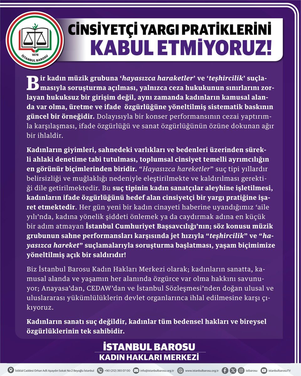 Manifest grubuna yönelik “hayasızca hareketler” ve “teşhircilik” iddialarıyla açılan soruşturma; kadınların sanatını ve ifade özgürlüğünü hedef alan cinsiyetçi bir saldırıdır.
Cinsiyetçi yargı pratiklerini kabul etmiyoruz!
#İstanbulBarosu #KadınHakları