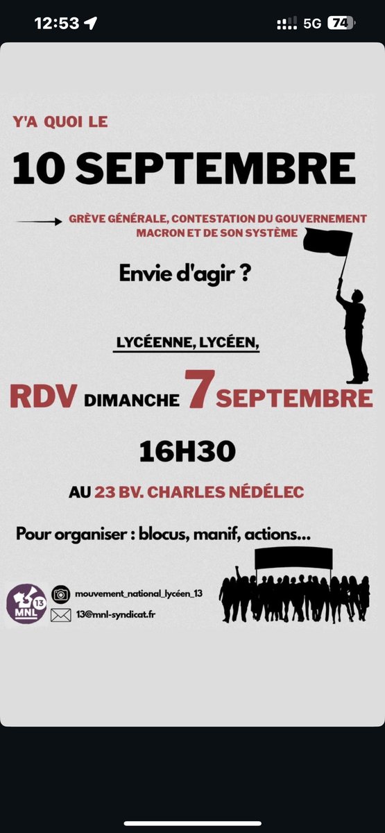 📢 Lycéennes, lycéens : on s’organise ✊ 

Grève générale le 10 septembre contre Macron et son système.
RDV dimanche 7 septembre à 16h30 à la Bourse du Travail au 23 bd Charles Nédélec, Marseille

#Grève #Lycéens #Marseille
#10septembre #Onbloquetout