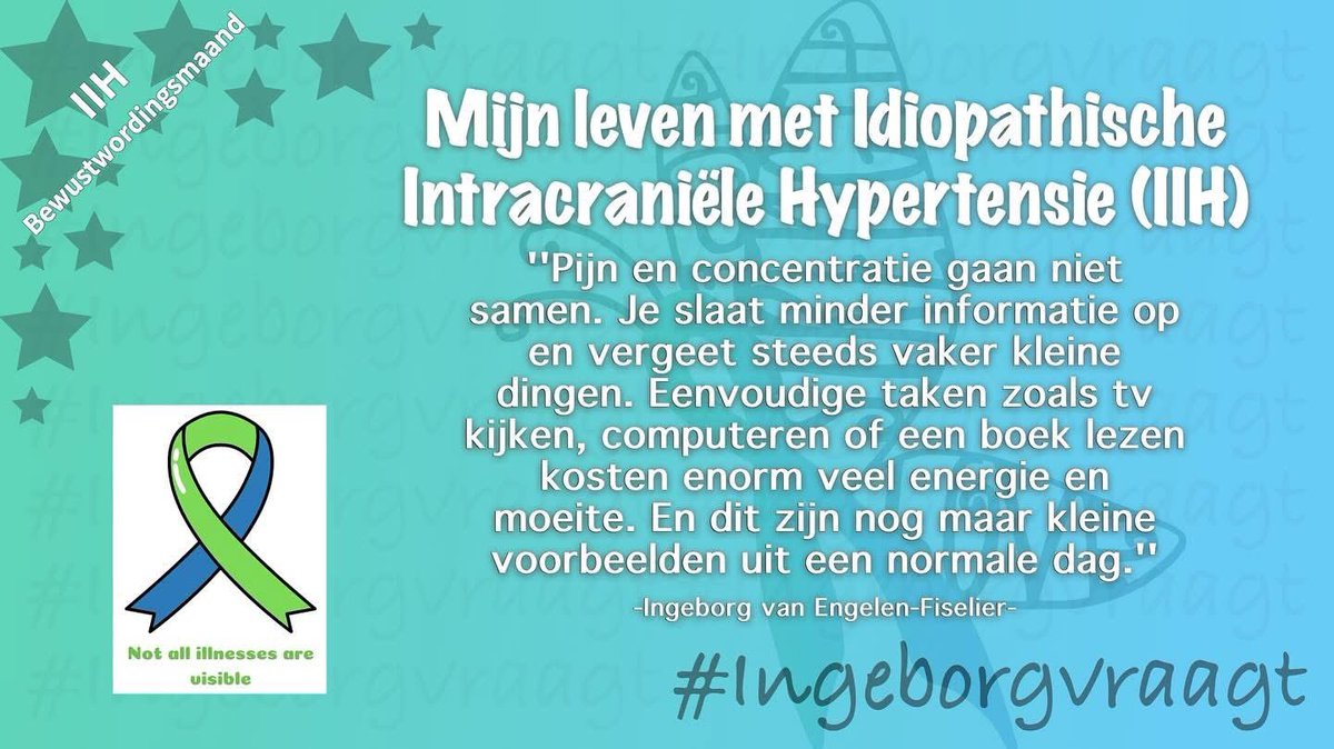 “Pijn en concentratie gaan niet samen. Je slaat minder informatie op en vergeet steeds vaker kleine dingen. Eenvoudige taken zoals tv kijken, computeren of een boek lezen kosten enorm veel energie en moeite. En dit zijn nog maar kleine voorbeelden uit een normale dag.” #IIH