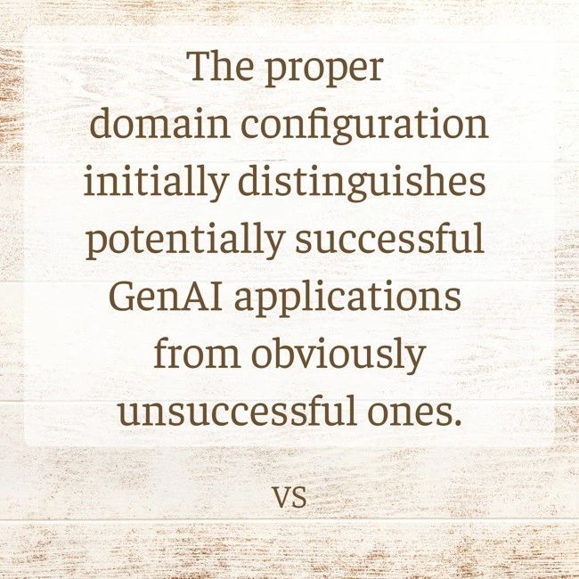 • The proper domain configuration initially distinguishes potentially successful GenAI applications from obviously unsuccessful ones.
lnkd.in/gw829Djx