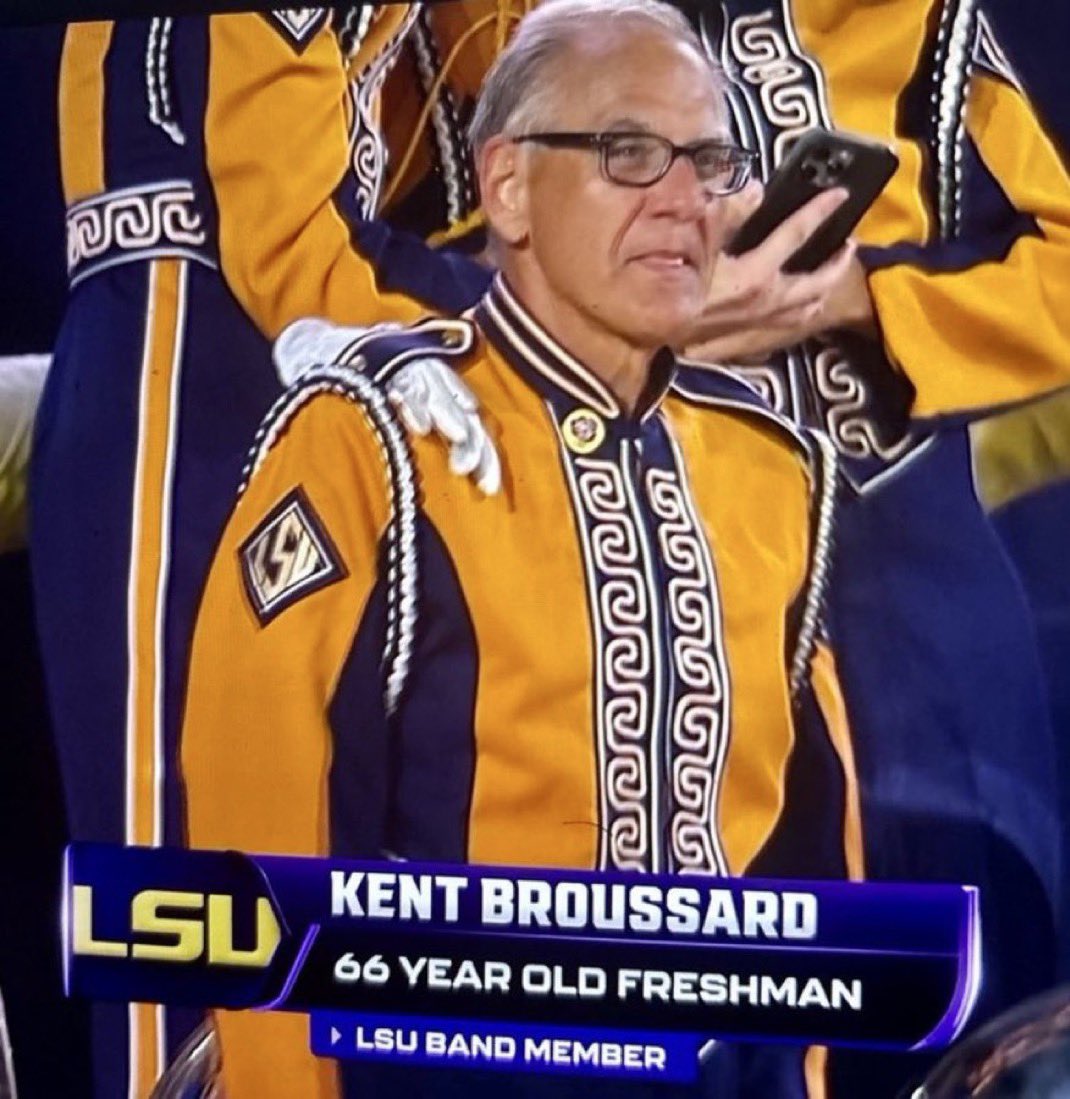 jrptigers's tweet photo. My favorite story from yesterday. LSU has a  66 year old Freshman band member…never give up on those dreams 🥹 https://t.co/z9QvJ5KvDA