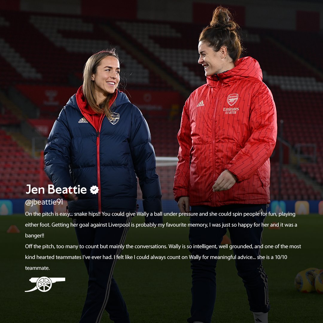 ArsenalWFC's tweet photo. A lot of love for Wally 🫶

We asked past and present teammates to share some of their favourite Arsenal memories with @liawaelti ☺️ https://t.co/KnZqkazb9b