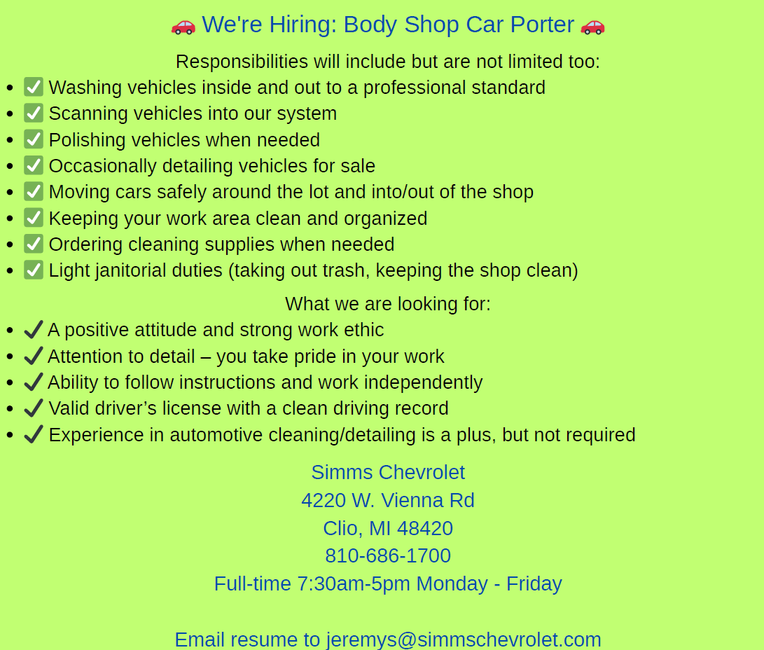 simmschevy's tweet photo. We are hiring! Simms Chevrolet Body Shop is looking for a Car Porter and Detailer. https://t.co/BdPjuRmKIG
