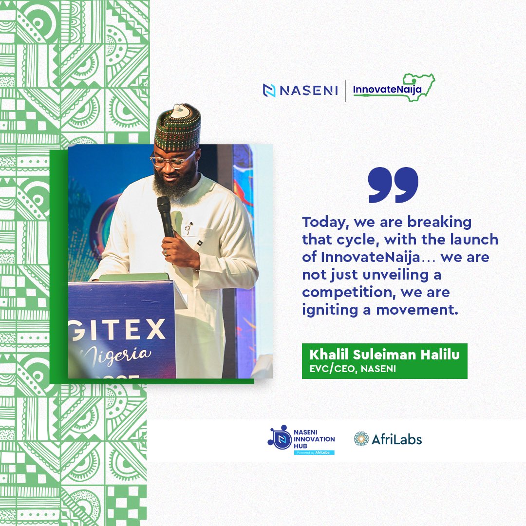 NASENIHQ's tweet photo. Excerpts from EVC/CEO @NASENIHQ Mr Khalil Suleiman Halilu (@KSHalilu)'s keynote address at the Innovate Naija launch during the GITEX Nigeria 2025 in Lagos. 

#InnovateNaija2025 #NASENIInvents #NASENIInnovationHub #AfriLabs #GITEXNigeria2025 #AfricanInnovation #TechForGrowth #NASENIImpact