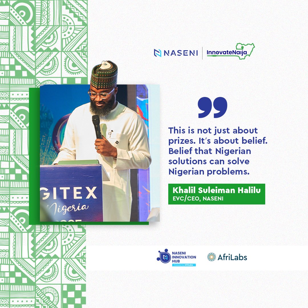 Excerpts from EVC/CEO <a href="/NASENIHQ/">NASENI</a> Mr Khalil Suleiman Halilu (<a href="/KSHalilu/">Khalil Halilu</a>)'s keynote address at the Innovate Naija launch during the GITEX Nigeria 2025 in Lagos. 

#InnovateNaija2025 #NASENIInvents #NASENIInnovationHub #AfriLabs #GITEXNigeria2025 #AfricanInnovation #TechForGrowth