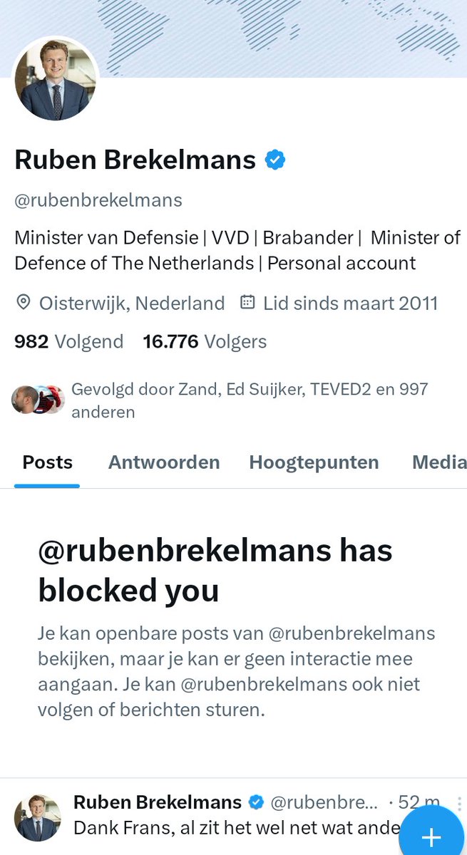Monique X- Fluencer 🇳🇱 ✌️ (@moeva18) on Twitter photo Als de minister van Defensie mij blokkeert betekent dit dus ook dat mijn kinderen niet op hoeven komen draven voor de dienstplicht.
Als <a href="/rubenbrekelmans/">Ruben Brekelmans</a> mij niet serieus neemt hoef ik dat naar hem toe ook niet te doen.
Zo simpel werkt het leven soms. Als de minister van Defensie mij blokkeert betekent dit dus ook dat mijn kinderen niet op hoeven komen draven voor de dienstplicht.
Als <a href="/rubenbrekelmans/">Ruben Brekelmans</a> mij niet serieus neemt hoef ik dat naar hem toe ook niet te doen.
Zo simpel werkt het leven soms.