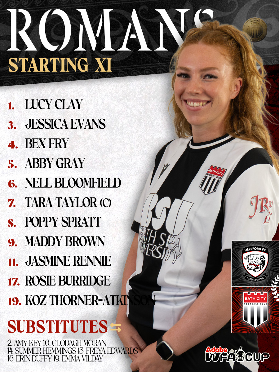 TEAM NEWS 

Your Romans lineup for this afternoons <a href="/AdobeWFACup/">Adobe Women's FA Cup</a> qualifying round to Hereford FC Women 

Kick off in just under half an hour!

#Romans